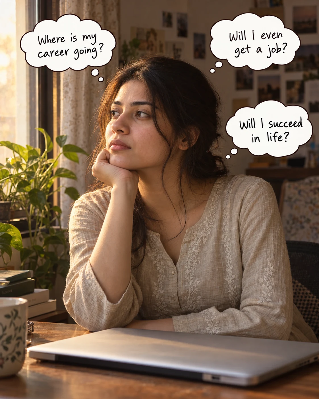 A woman beside a window with a closed laptop. Thought bubbles ask: Where is my career going? Will I even get a job? Will I succeed in life?